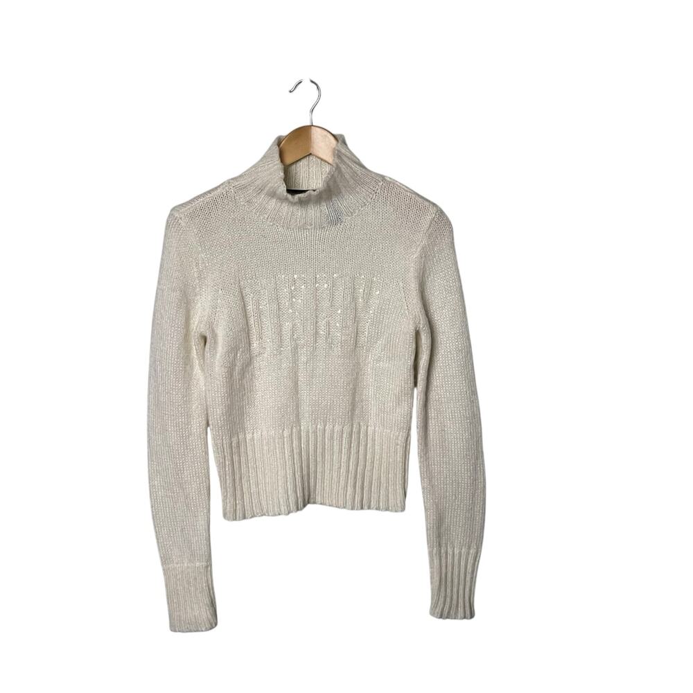 DKNY Cream Mockneck Sweater Pullover Size M Mohair Blend Sequin Cozy Minimalist